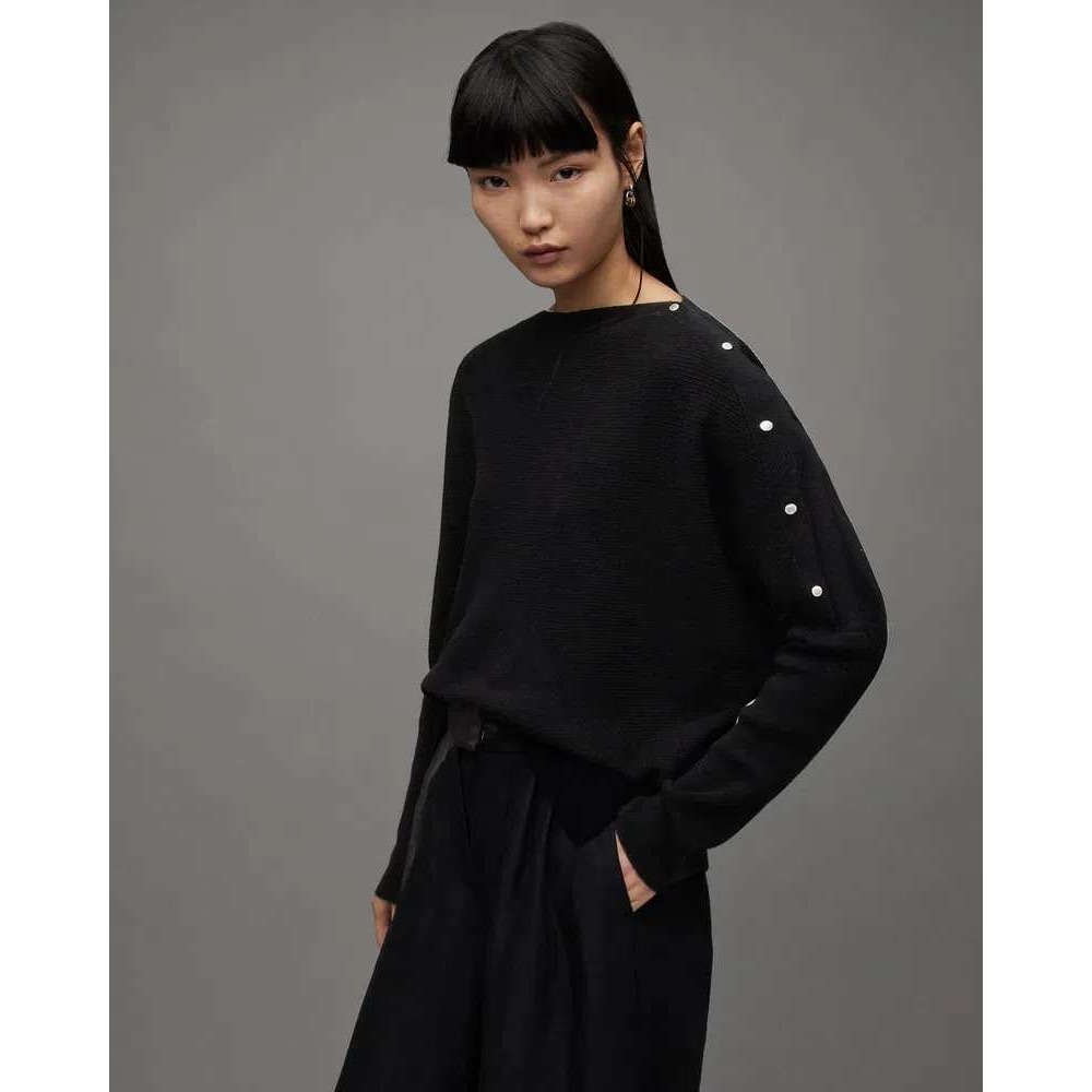 AllSaints Black Raven Wool Cashmere Snap Shoulder Dolman Sweater Medium